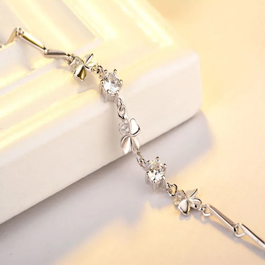 hot 925 Sterling Silver Zircon Clover Bracelets crystals chain For Women Valentines Gift Wedding party cute Jewelry pulseras
