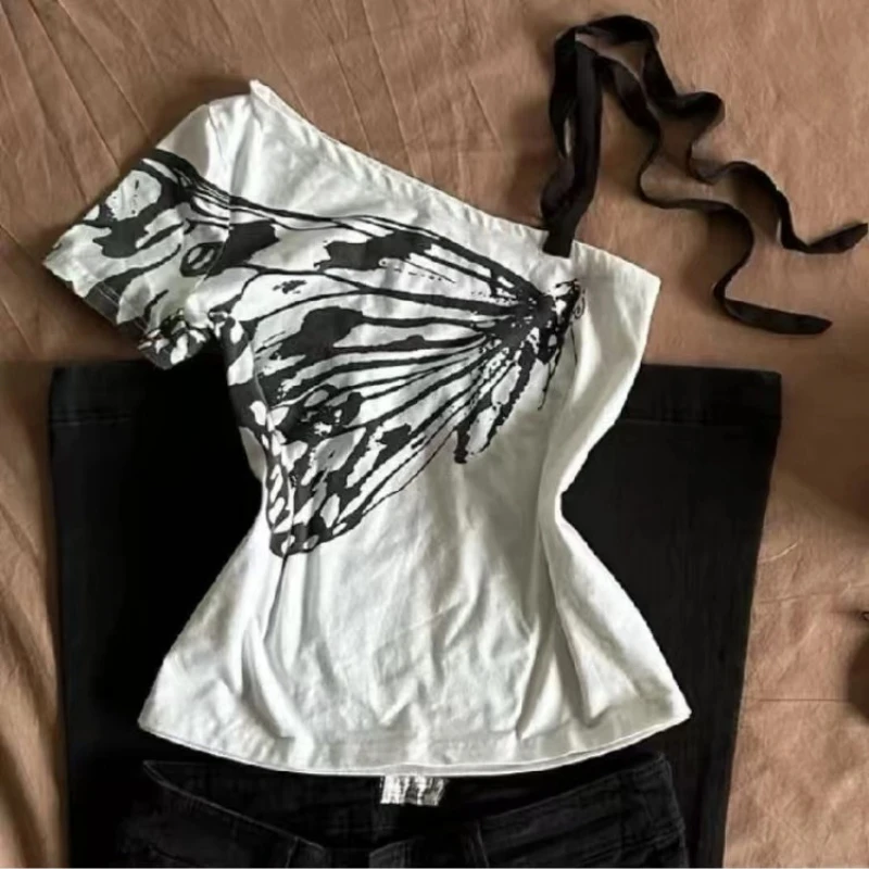 

Vintage Off Shoulder Slim Youth Pullovers Top Summer New Sexy Short Sleeve Irregular Y2K T Shirts Fashion Casual Women Clothing