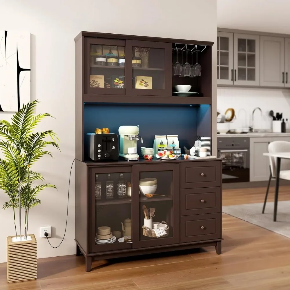 Kitchen Pantry Storage Cabinet, Buffet Hutch w/Power Outlets & Led Lights, Tall Cupboard w/Wine Glass Racks, Adjustable Shelves