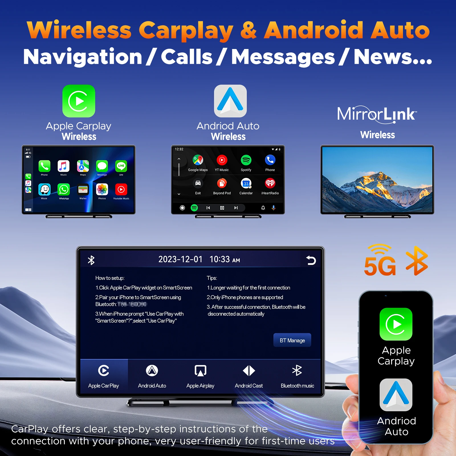 Schermo TOGUARD Carplay, 9 pollici Wireless apple carplay Android Auto Car Stereo Player GPS Wifi BT con 2.5K anteriore + 1080P fotocamera posteriore