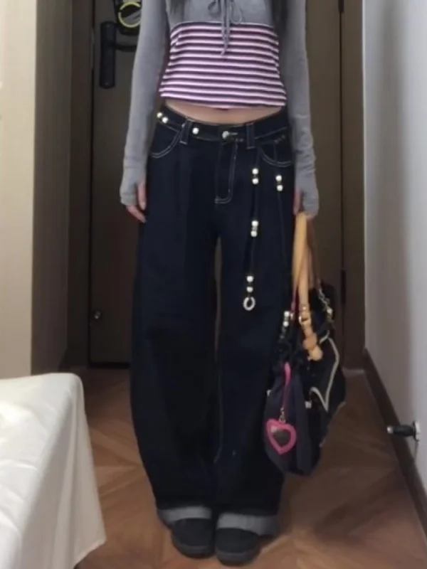 American Sle Retro Wide Leg Knife  Jeans Women's Loose Straight Casual Trousers Autumn New Faion High Waist Jeans