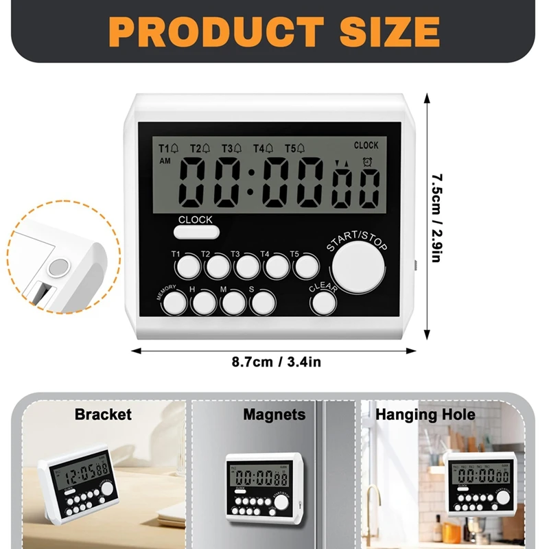 Temporizador de cocina digital de 5 canales, modo de reloj con pantalla LCD grande, temporizador de cocina, alarma de volumen fuerte y luz intermitente