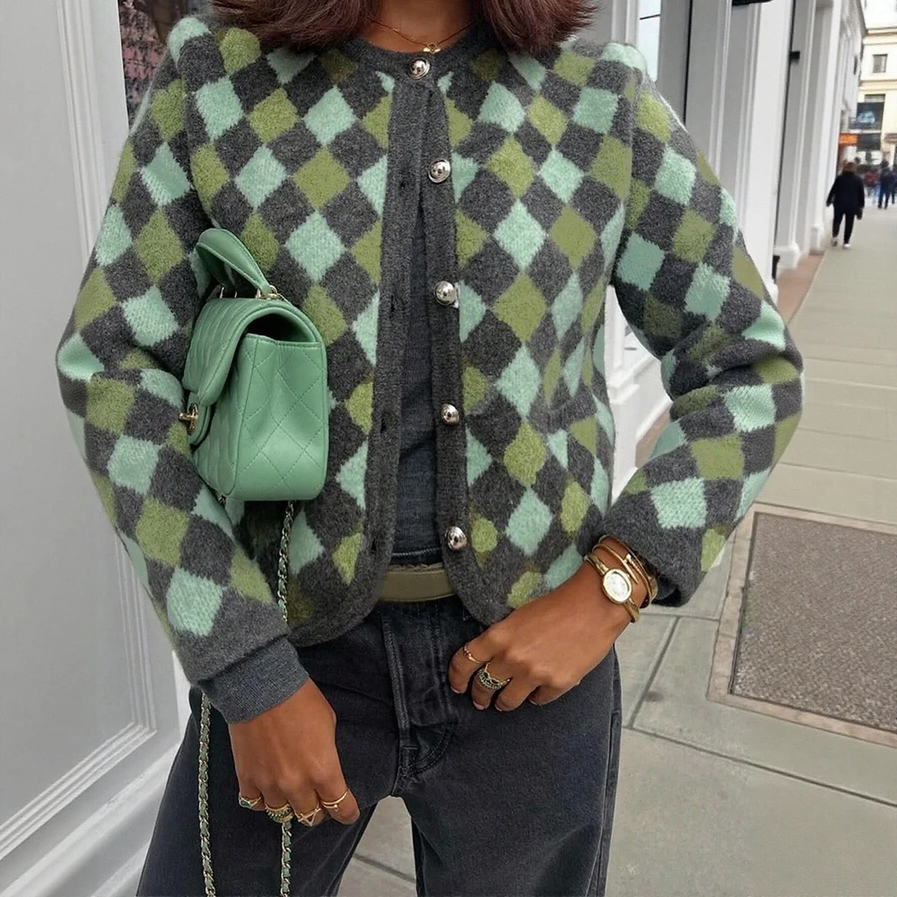 

Женские кардиганы, осень-зима, элегантные повседневные кардиганы в клетку с лацканами на пуговицах и длинными рукавами, круглым вырезом, открытой передней частью