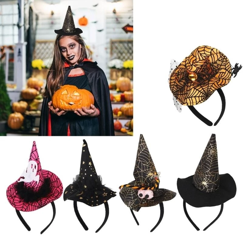 39BC Halloween Witch Caps Headband for Adult Spiderweb Wizard Hat Hairband Roleplay Pointed Hat Hairhoop for Party Gathering