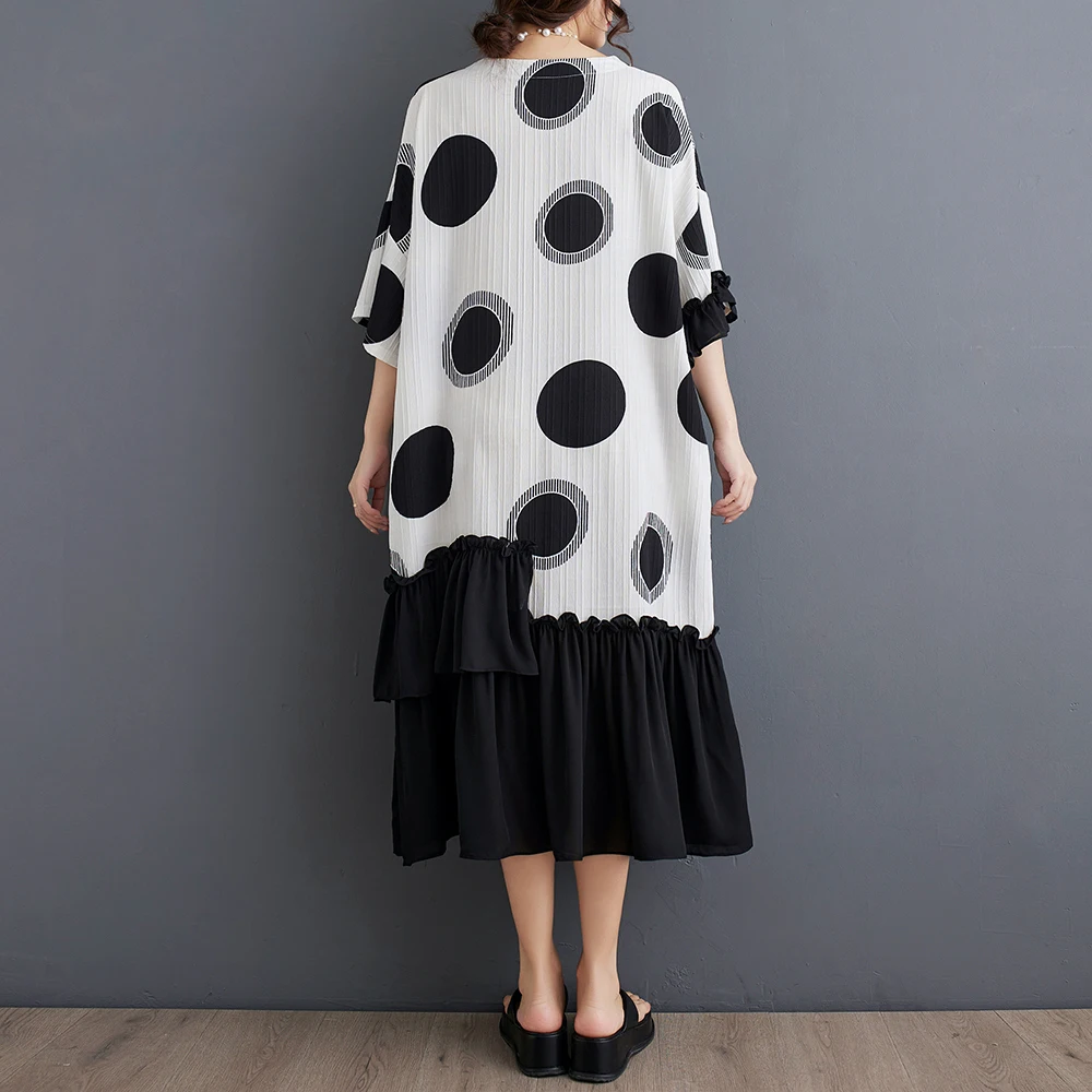 #3843 Black White False Two Piece A-line Dress Polka Dot Printed Chiffon Ruffle Pleated Dress Short Sleeve Vintage Loose Summer