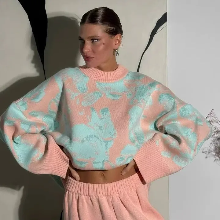 Lässiges Strickpullover- und Hosen-Set, gerades Bein, lange Hose, zweiteiliges Set, rund, Ne Long Sve Overhead Faion Ensemble