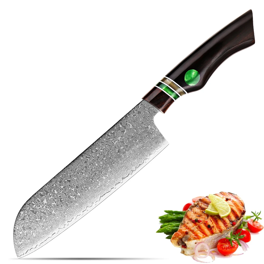 

Kitchen Chef's Knife 7 Inch Santoku Knife Slicing Damascus Steel Sharp Cooking Knife for Vegetables and Meat Ebony Resin Handle