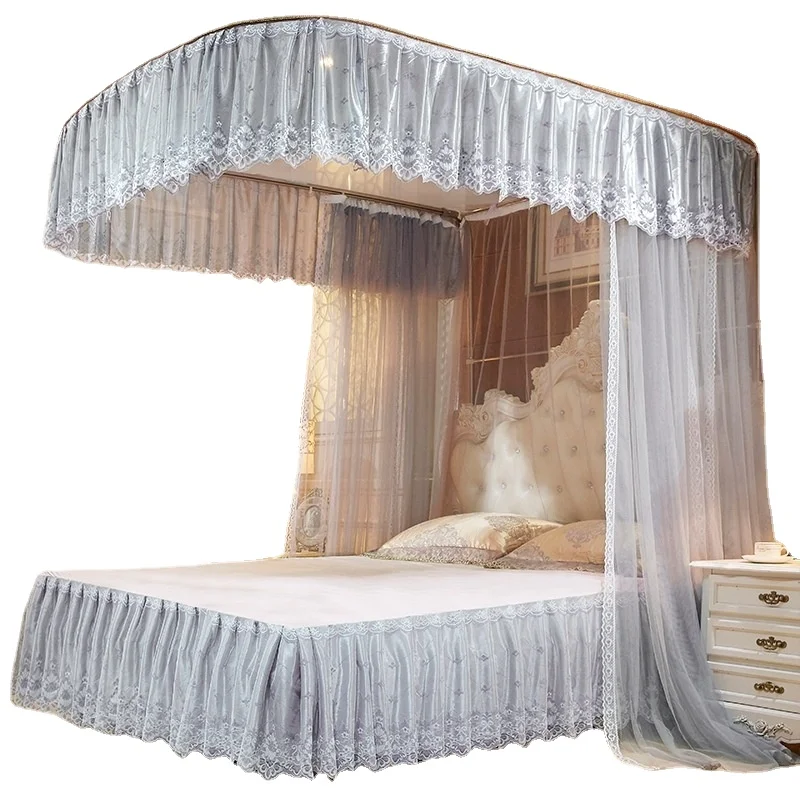 

Bed Canopy Luxury Breathable Lace Mosquito Net Triple Door U-track Rail Mosquito Net Floor Princess Style Family Decoration Net