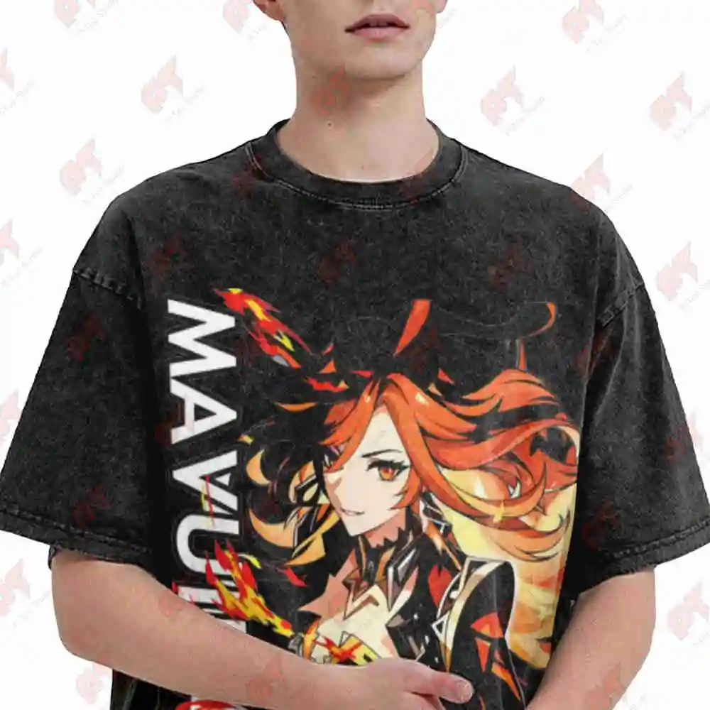 Anime Mavuika Dynamic Action Flaming Effects Vintage Washed Tee Pure Cotton T-Shirt