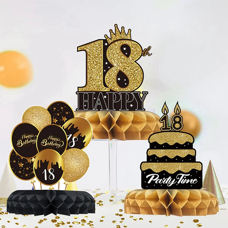 9 Stück Schwarzgold 18/21/30/40/50/60th Happy Birthday Desktop Wabenornamente Foto Requisiten für Happy Birthday Party Decor