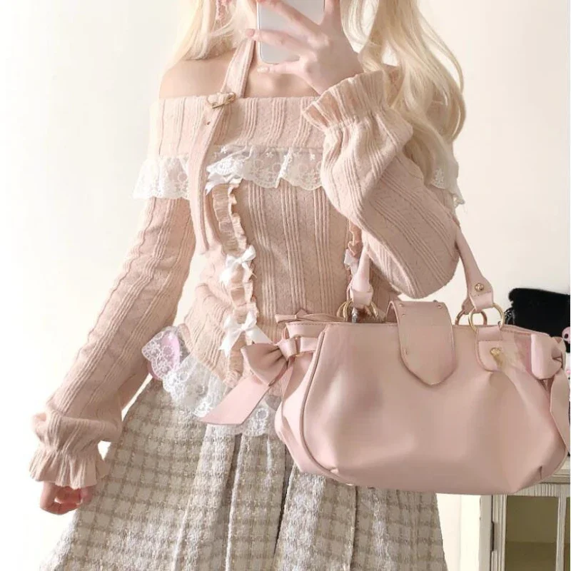 New Lolita Slash Neck Halter Sweater Women Kawaii Lace Patchwork Y2k Aesthetic Grunge Bottoming Crop Tops Pullover Knitwear