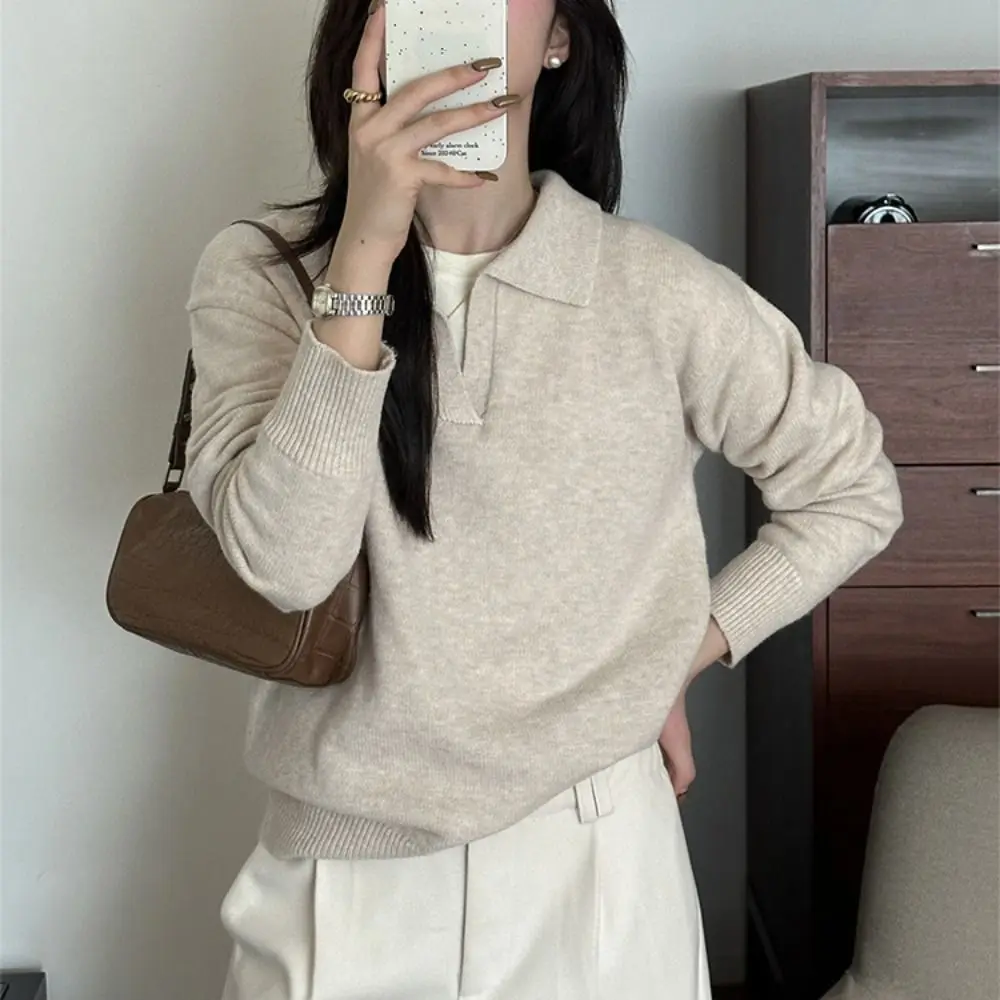 

Удобные однотонные кардиганы с откидным воротником, простой трикотаж с длинными рукавами, пуловер, свободный свитер, пальто женское