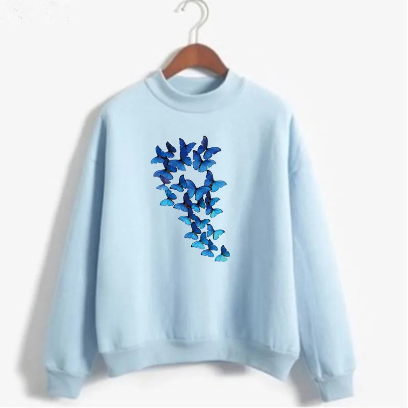 

Cartoon Butterfly Floral Elegant Print Women Sweatshirt Korean O-neck Knitted Pullover Thick Autumn Candy Color Lady Clothing