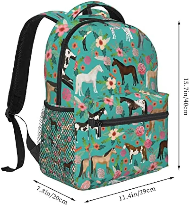 Horses Floral Horse Breeds Farm Animal Pets Flowers Pattern Backpack for Women Boys Teens School Backpacks Students Bookbag