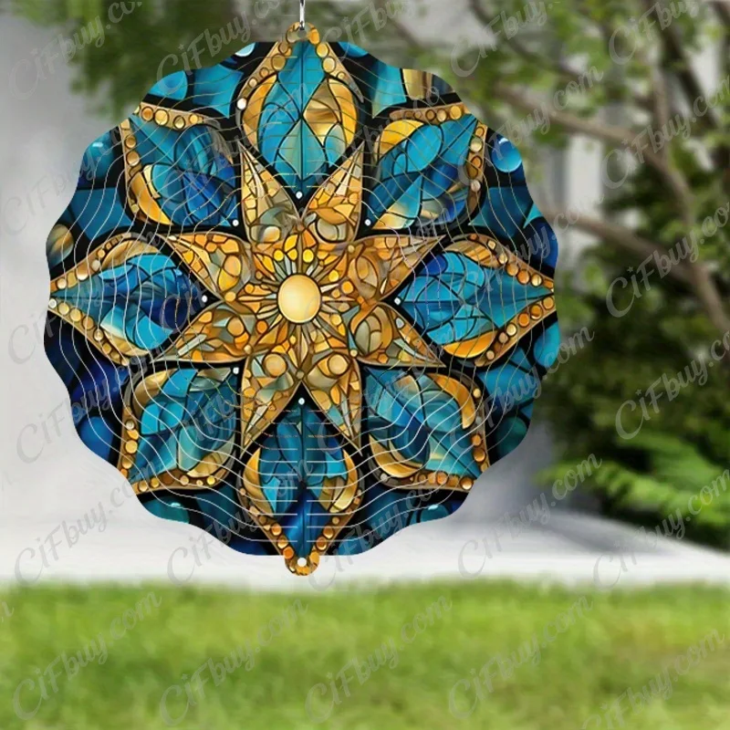 CIFBUY Wind Chime Blue Yellow Flower Bohemian 2D 360° Rotating Stainless Steel Spinner Outdoor Garden Yard Porch Hanging Decor G