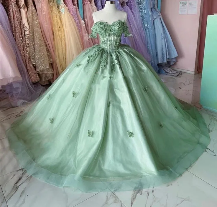 Vestidos de quinceañera Verde menta, vestido de baile sin hombros, apliques de tul, dulce 16 vestidos, 15 Años, mexicano