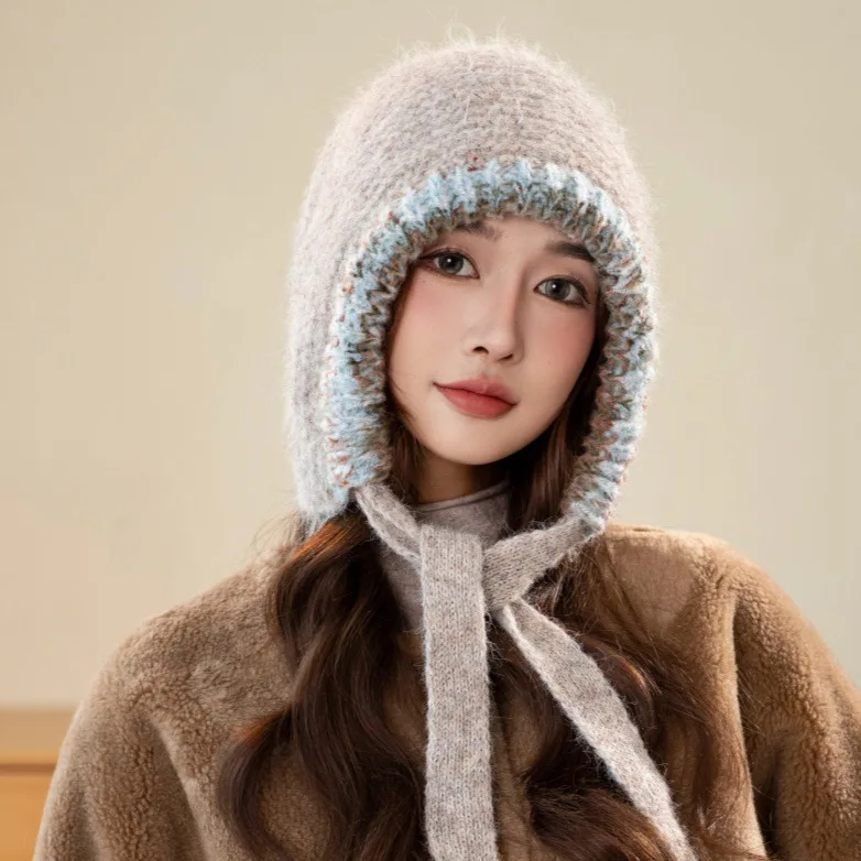 Korean and Japanese autumn/winter knitted hat. Ethnic style, drawstring, ear protectors. Trendy patchwork.