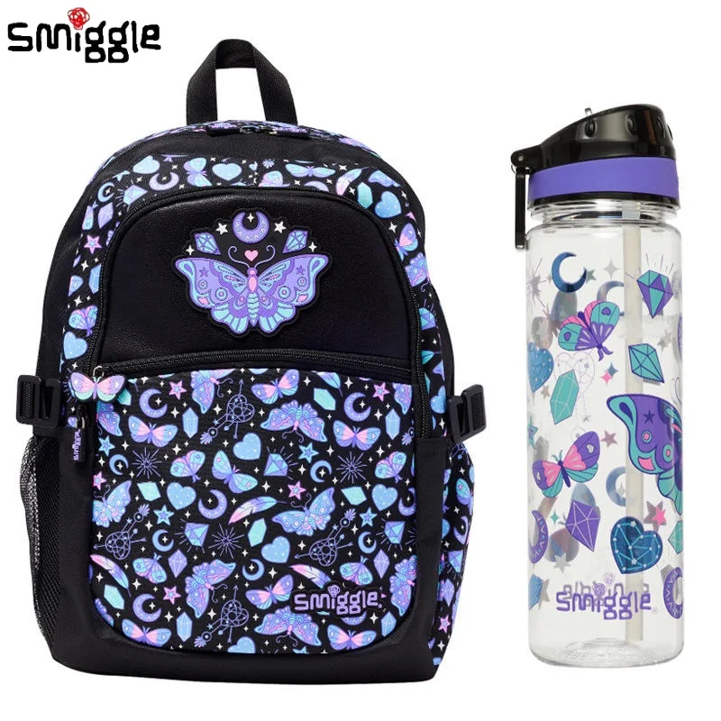 Genuine Australian Smiggle Black Background Colorful Butterfly Backpack Student Cartoon Leisure Backpack Water Bottle Gift