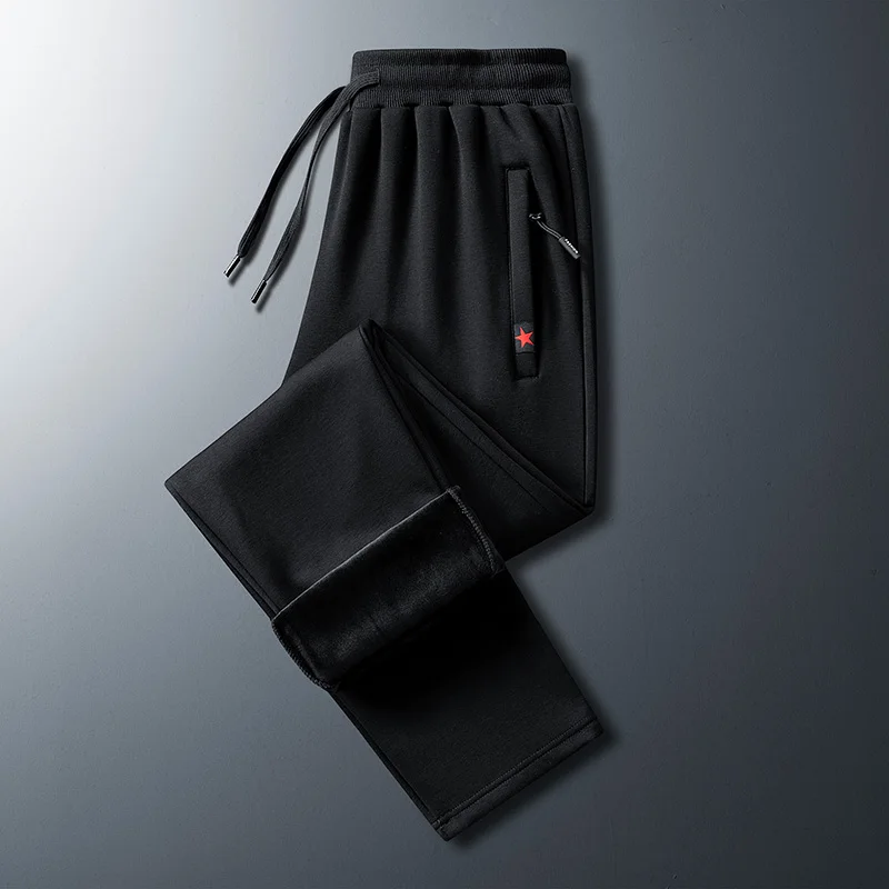 Men's Autumn Winter Flocking Solid Elastic High Waist Pockets Zipper Geometric Shape Casual Loose Sports Trousers Fashion Pants