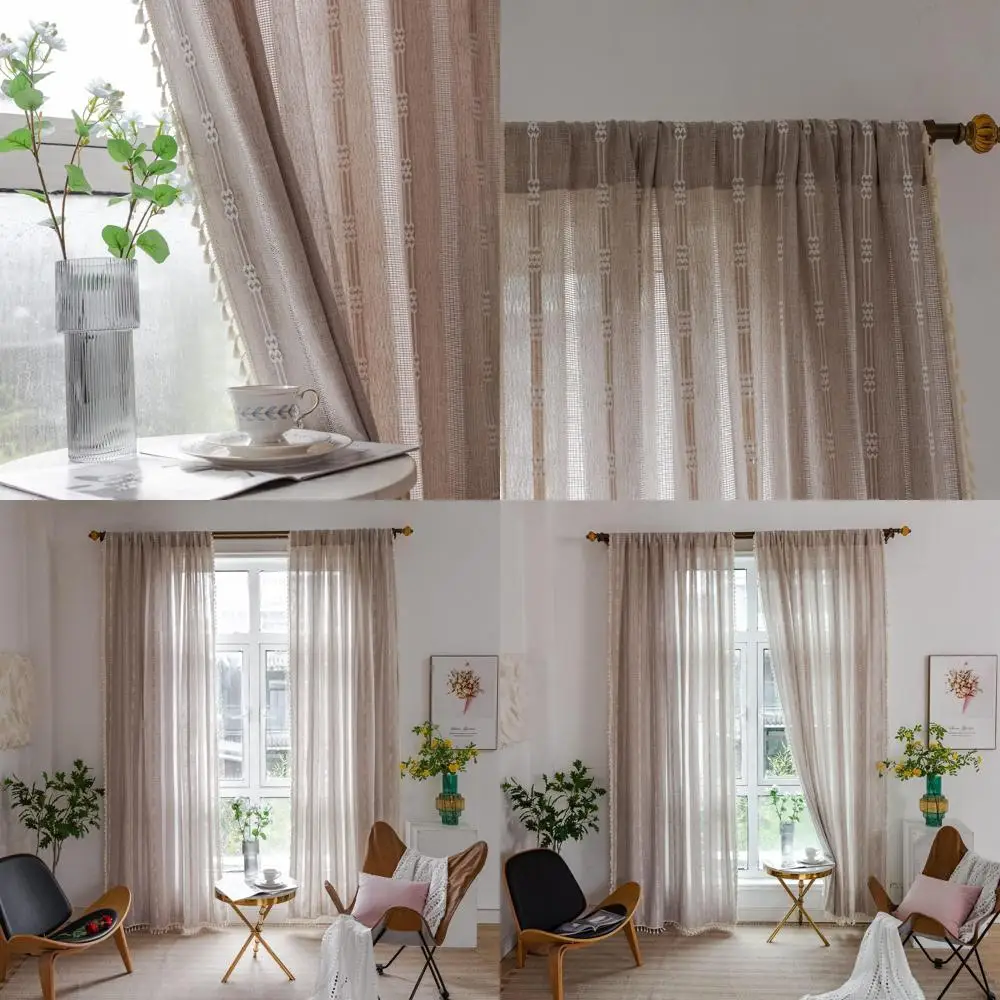 

Вышитые полосатые льняные шторы, 84 дюйма в длину, в стиле фермерского дома для гостиной, с бахромой в стиле бохо для спальни, светопропускающие, 2 панели