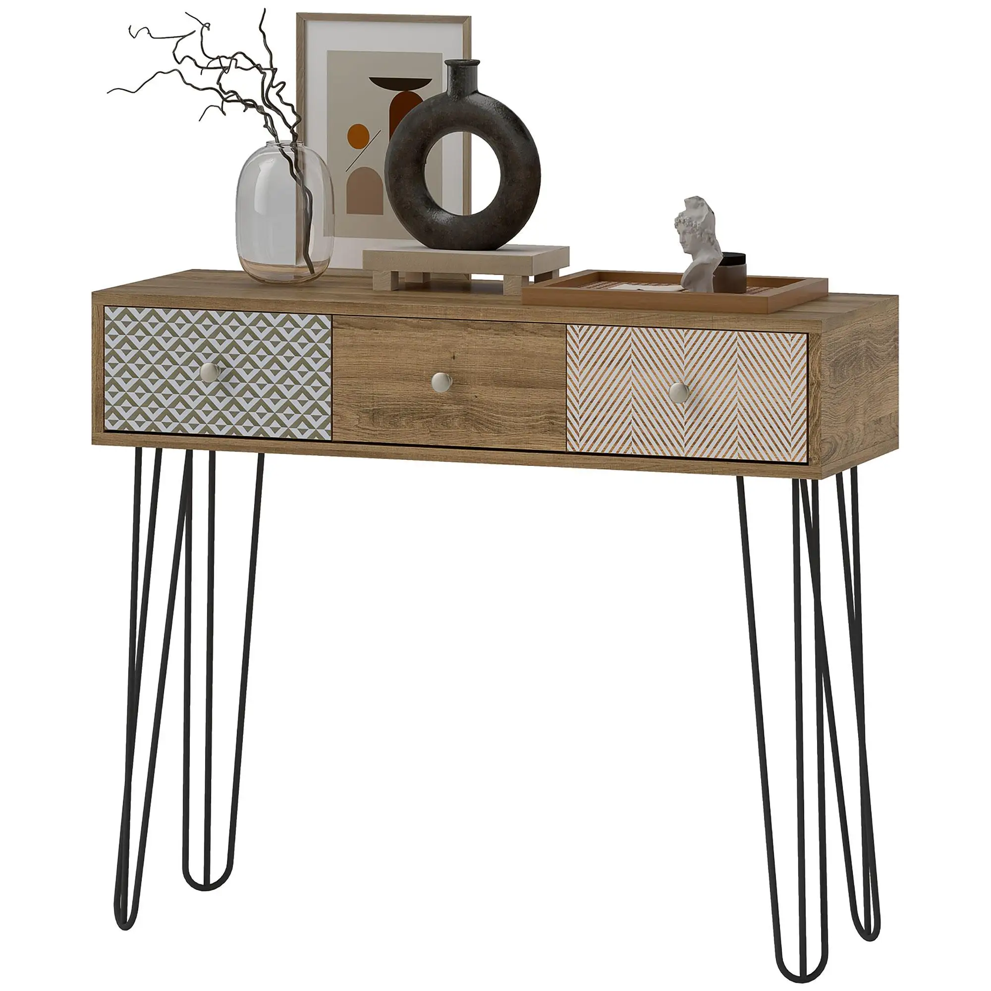 Mesa consola HOMCOM con 3 cajones, patas de acero tipo hairpin, 90x30x75cm Marrón
