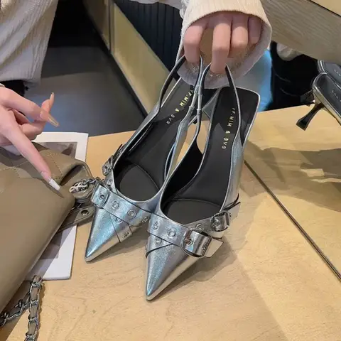 Luxury Brand Designer Women Sandals Fashion Pointed Toe Buckle Strap Metal High Heeled Kitten Heel Elegant Single Shoes Female