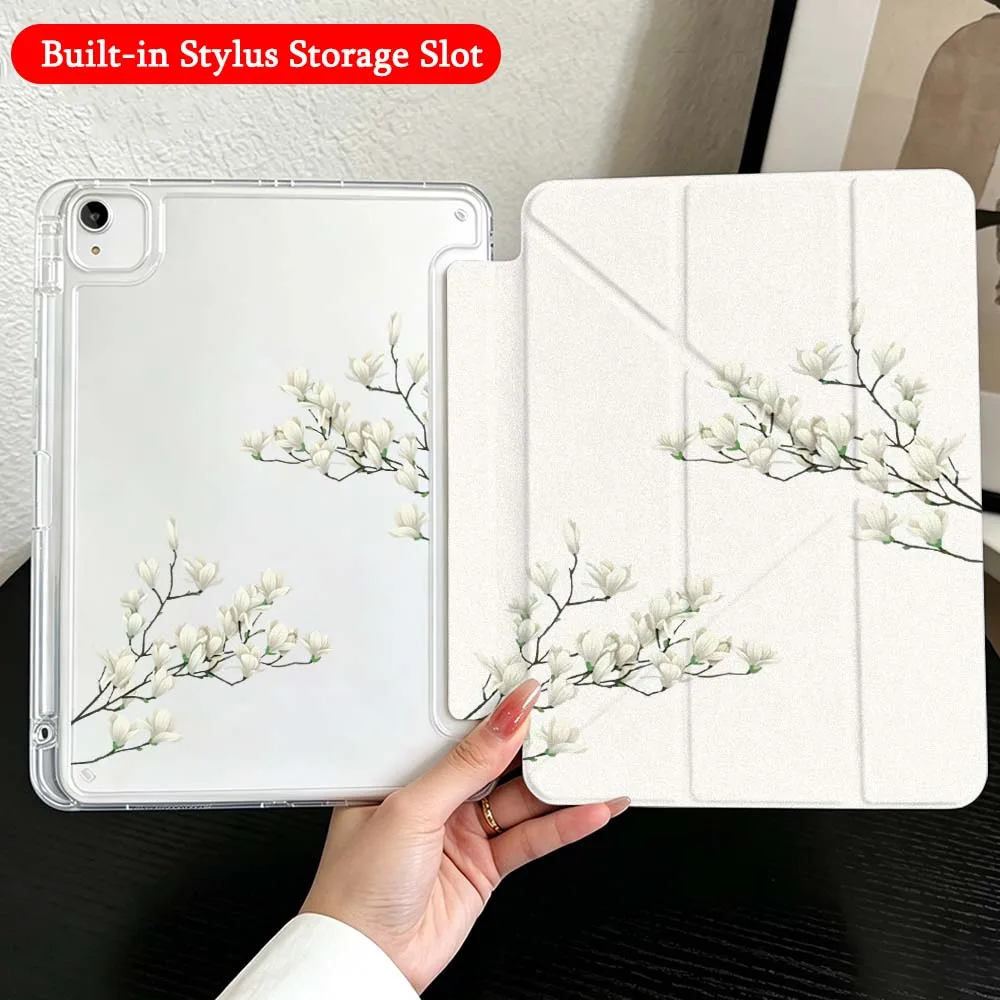 White Magnolia Branch For iPad Mini Pro Air 5 6 7 8 9 10th 11th 11 9.7 10.9 13 inch Transparent Y-Shaped Folding Tablet Case