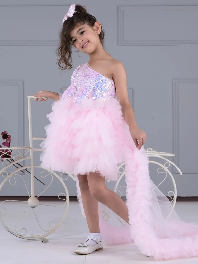 Customized Flower Girl Dresses Pink Sequin Tulle With Bow And Trailing For Wedding Birthday Prom Party Banquet Evening Ball Gown
