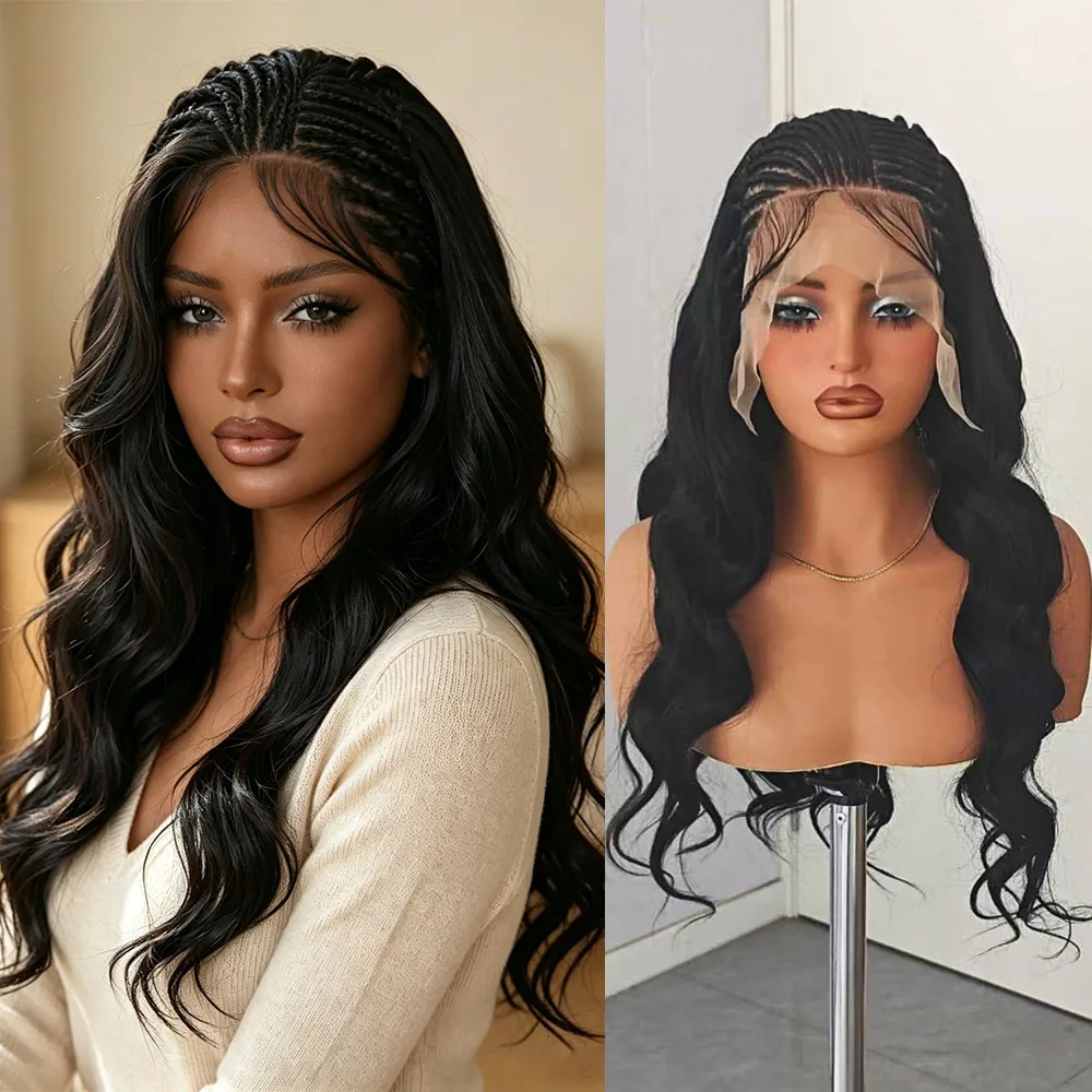 Braided Wig Synthetic Lace Wig for Women Black Braided Body Wavy with Baby Hair Wig Natural Hairline Daily Wear Makeup Wigy