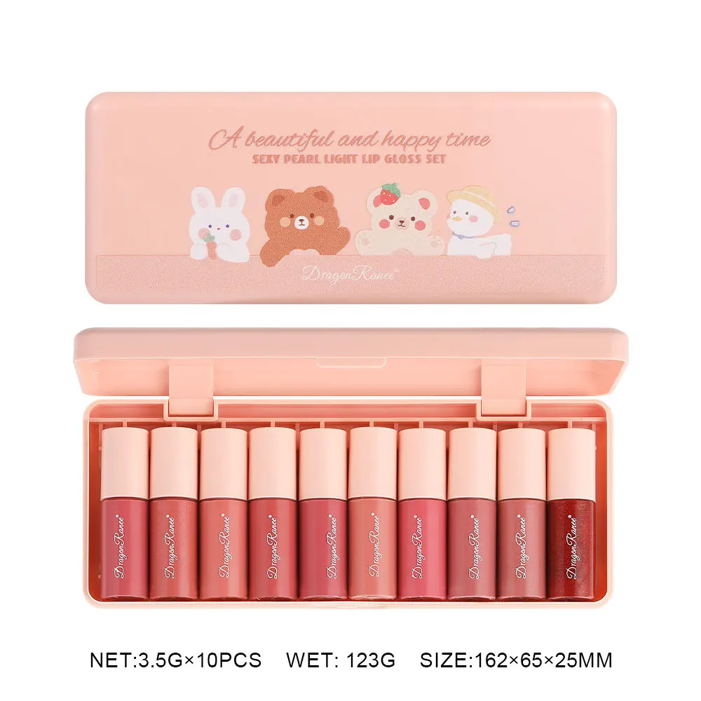 Dragon Ranee 10 colori Cartoon Set Waterproof Moisturizing Lip Glaze Set rossetto liquido a specchio per labbra Non sbiadito per lucidalabbra