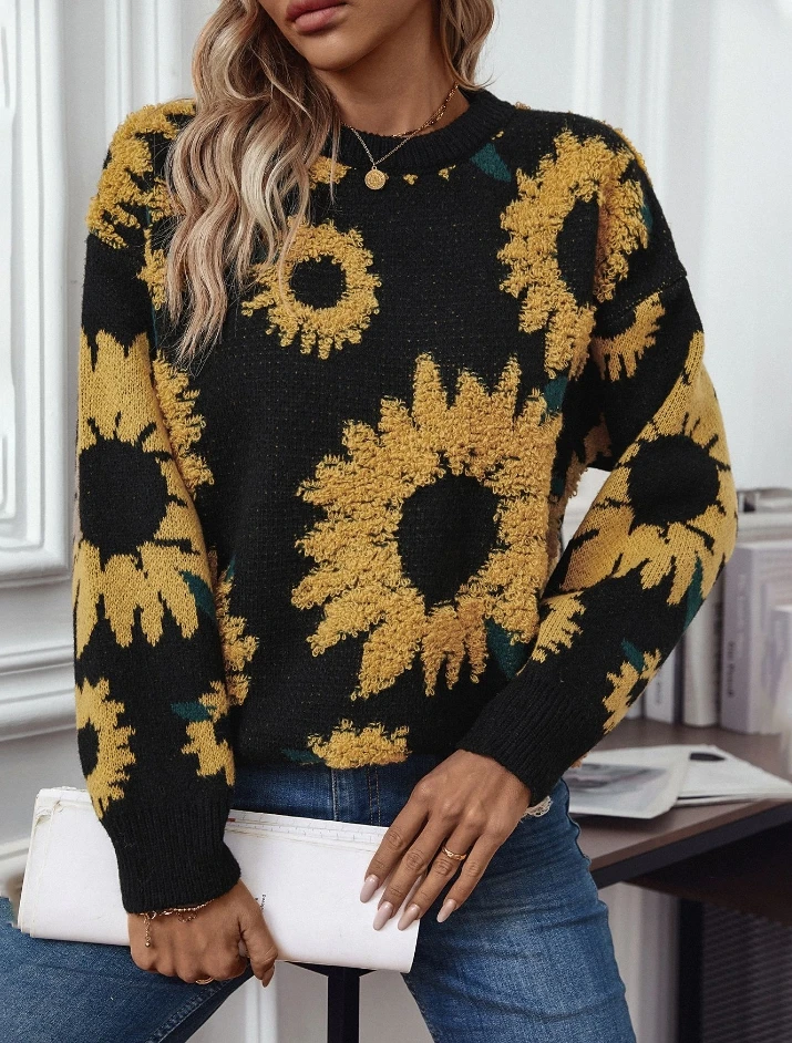 Vintage perezoso Casual otoño mujer suéter Top bordado de girasol estampado cuello redondo manga larga Jersey suelto suéter de punto