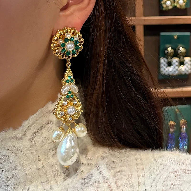 الباروك نمط أقراط اللؤلؤ المياه العذبة قطرة الماء استرخى سحر طويل الذهب اللون الراين امرأة اكسسوارات خمر مجوهرات