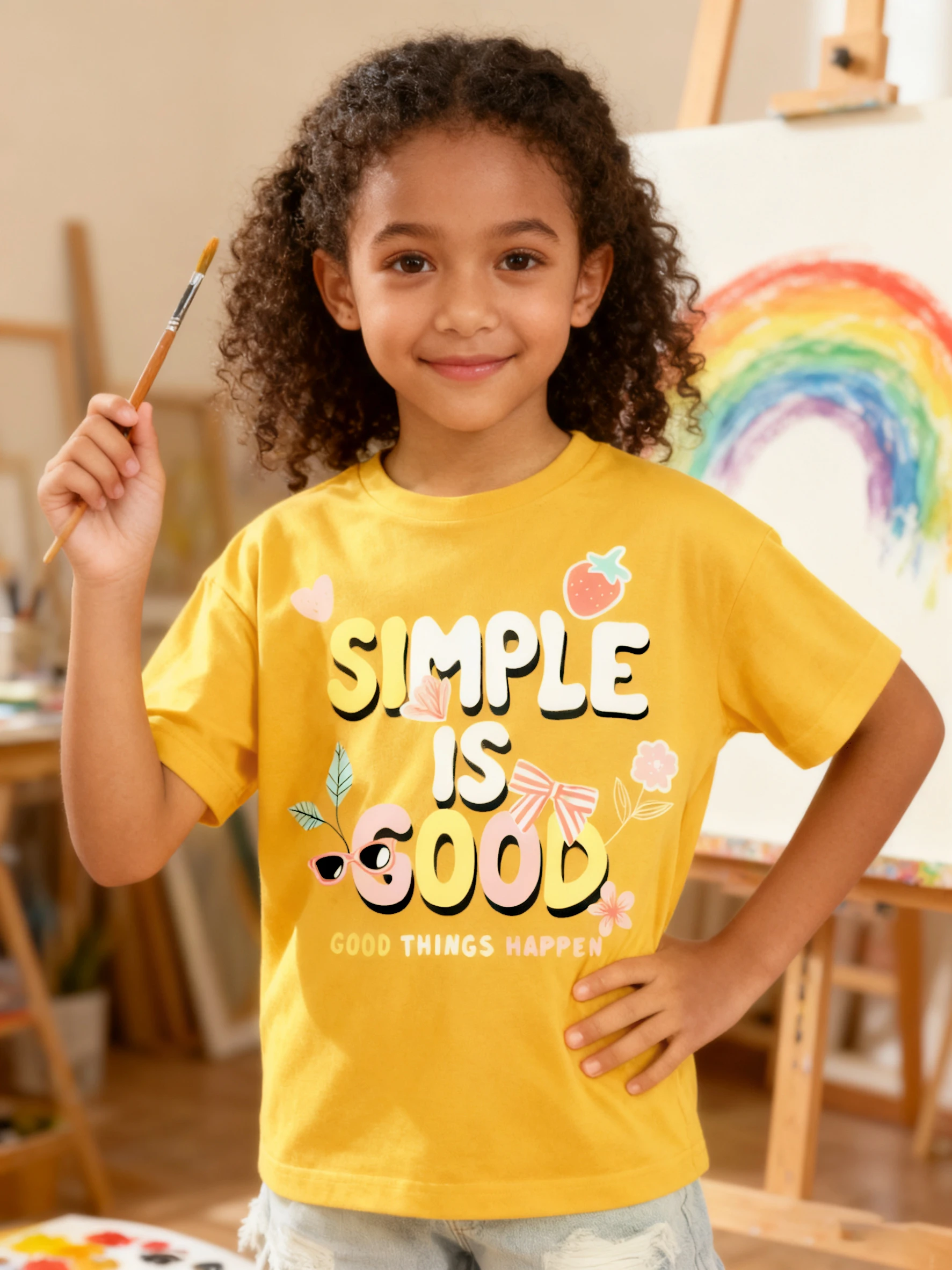 Comfortable bright yellow children's T-shirt with fun strawberry floral decoration