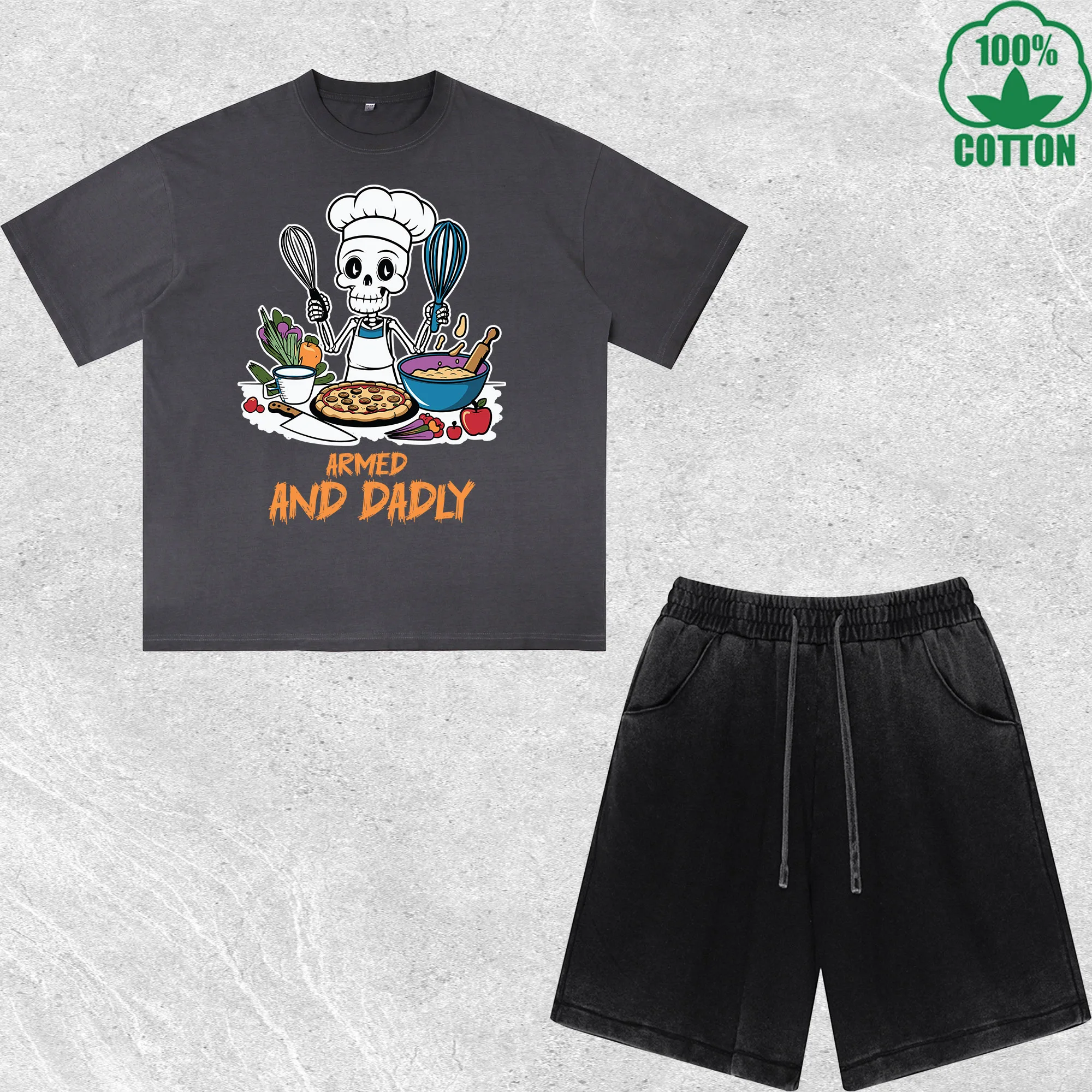 

Armed and Dadly Printed Dirty Wash 100%Cotton T-Shirt Shorts Set Multicolor Combo Loose Trendy Fashionable