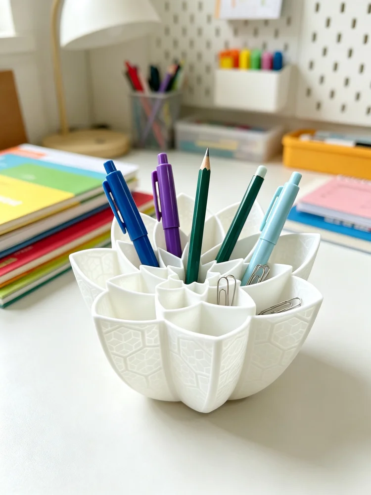 Exquisite Lotus Pen Holder Desktop Stationery Storage Container, with Multiple Compartments and Slots for Organizing, Featuring a Textured Surface and Unique Floral Design. It Can Hold Pens, Pencils, Scissors, and Paper Clips. Suitable for Office Desks, Home Offices, Study Tables, and Student Desks. a High-Aesthetic Desktop Ornament, a Desktop Decoration Gift for Office Workers and Ladies