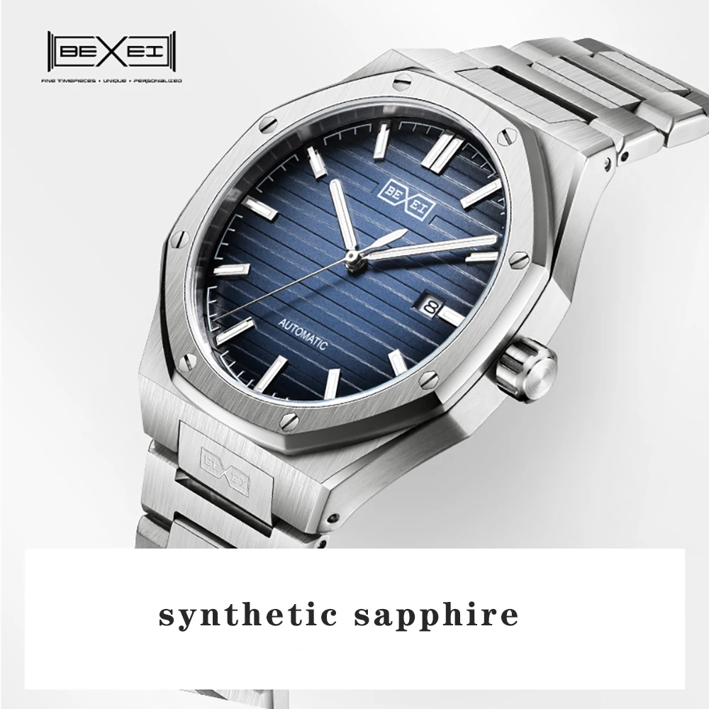 BEXEI 9093 Automatic mechanical watch for man synthetic sapphire Gradient dial Classic octagonal design waterproof Reserve 80H