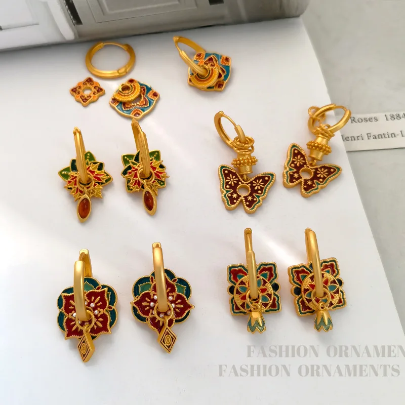 Fashion Jewelry Vintage Temperament Splicing Color Buckle With Enamel Drop Earrings For Girl Women Popular Ear Accessories