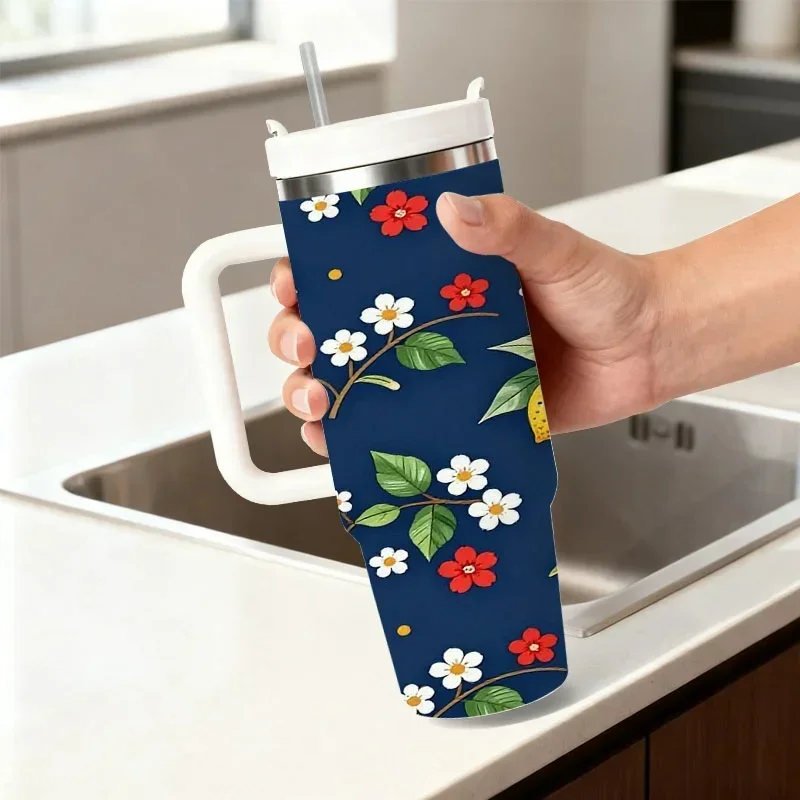 Vibrant Seamless Fruit Floral Print 40oz Stainless Steel Insulated Tumbler, Dark Blue Background with Lemon Plum Flower Pattern, Digital Print Reusable Drink Cup for Daily Outdoor Beverage Storage