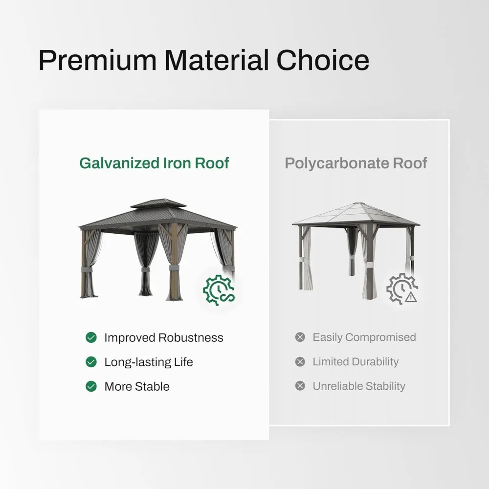 Gazebo de topo rígido de 10x12 pés, pavilhão permanente com estrutura de metal de alumínio resistente, dossel de telhado duplo, cortina e rede incluídos