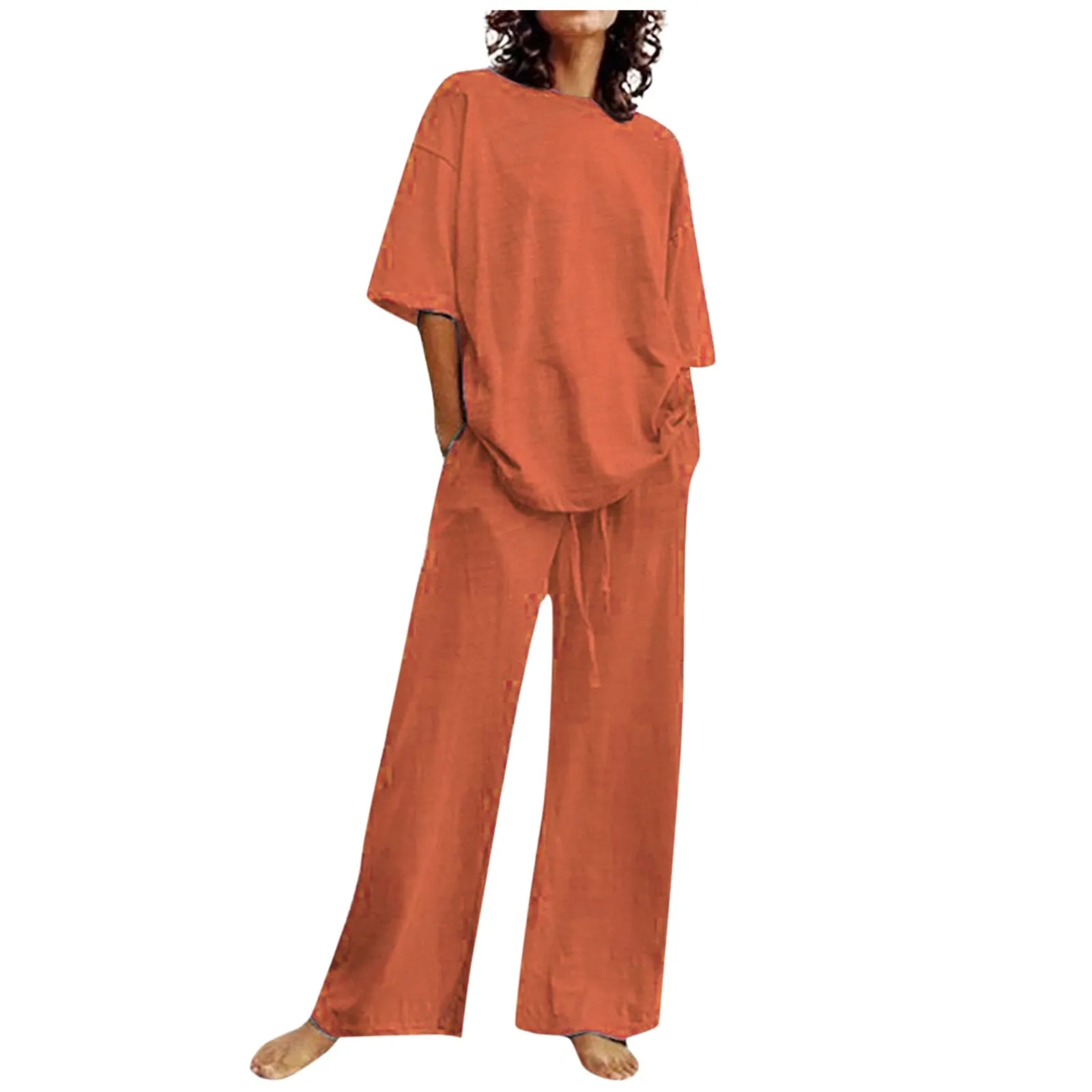 

Women New Casual Short Sleeved Solid Color Vintage Wide Leg Pant 2 Pieces Suit Vacation Women Outfits New In Matching Sets