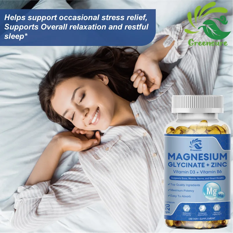 Greensure 60/120 Pcs Magnesium Glycine Capsules 500mg Dietary Supplement with Zinc,Vitamin D3 B6 Non-GMO Veggie Capsules