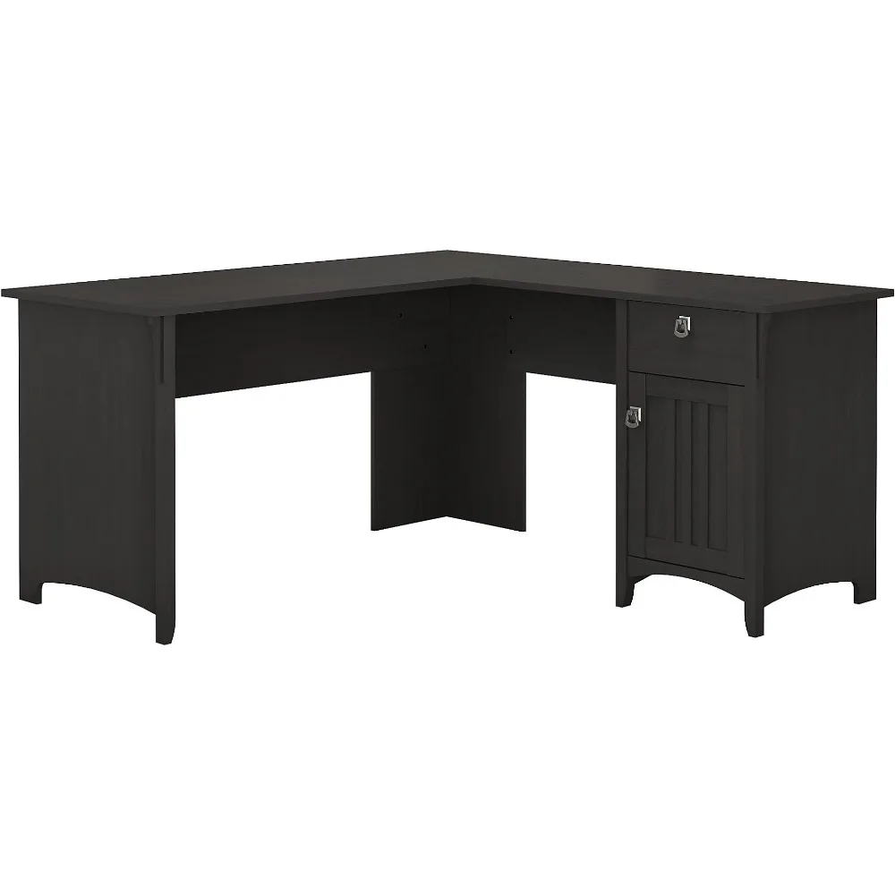 

L Shaped Desk with Storage in Vintage Black Modern Farmhouse Corner Table with Drawers and Cabinets for Home Office