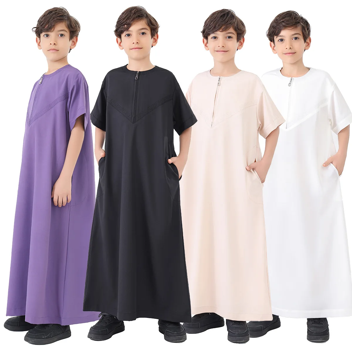 

Boy Jubba Thobe Kids Dress Eid Muslim Long Robe Zipper Short Sleeve 2025 Ramadan Child Saudi Wear Abaya Caftan Dubai Arab