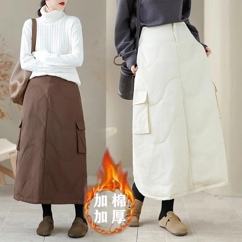 

Korean Version Artistic Women's Warm Cotton Skirt Long 2025 Winter New Thick Large Size Quilted Skirt Solid Color Faldas w1170