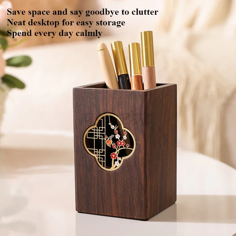 Multi Functional Solid Wood Pen Holder Chinese Style Retro Wooden Pen Holder Desktop Decoration Storage Box Business Gift