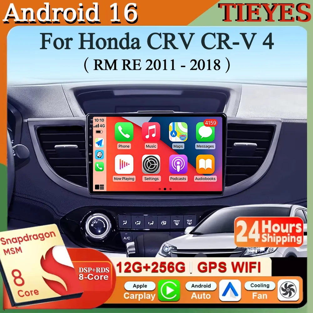 Radio para Auto con Android 16, Carplay y Auto, Navegación, Reproductor Multimedia Estéreo, QLED, GPS para Honda CRV CR-V 4 RM RE 2011 - 2018