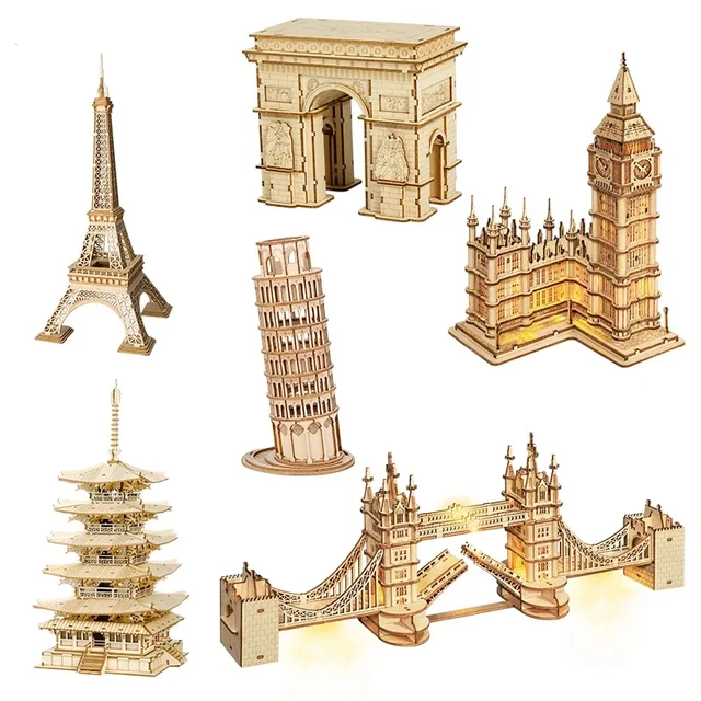 ROKR 3D Drewniane Puzzle Big Ben Tower Bridge Pagoda Model Budynku Zabawki Dla Dzieci Prezent Urodzinowy