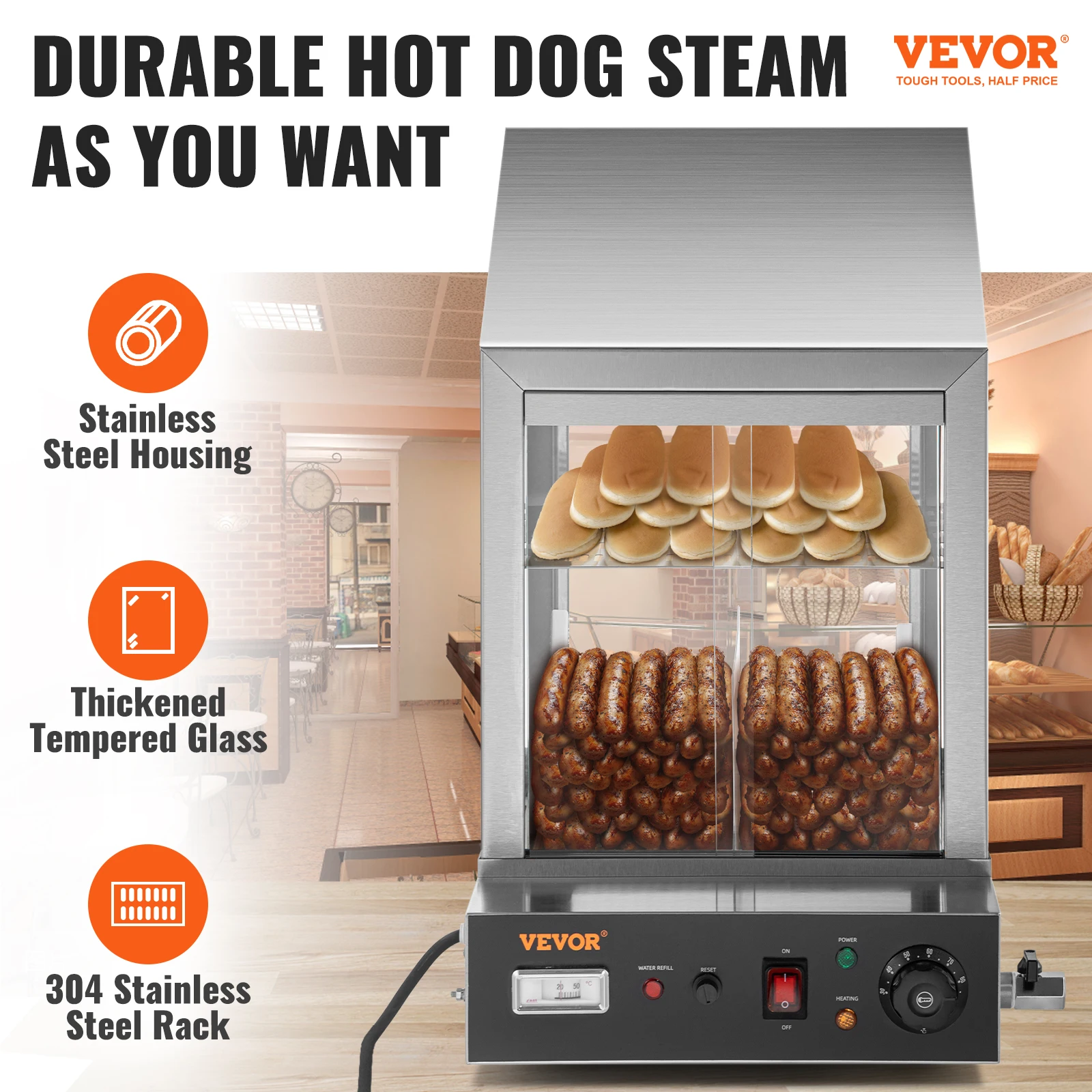 VEVOR 2-Tier Hot Dog Machine for 200 Hotdogs & 42 Buns Electric Bun Warmer Cooker with Rotary Knob Temp Display 7.5 L Water Tank