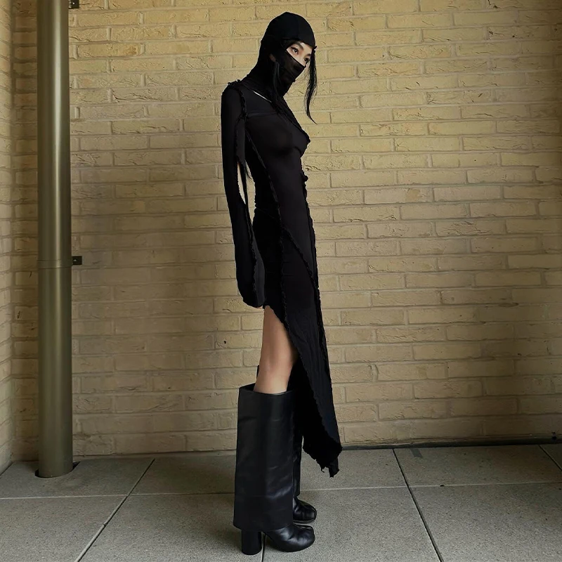 خريف جديد لون نقي مقنعين ذوي الياقات العالية المروع الجوف خارج كم طويل فستان المرأة العصرية النمط الأوروبي والأمريكي