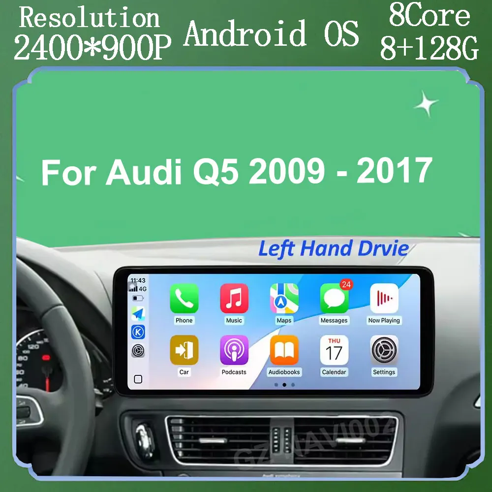 QLED 2400*900P For Audi Q5 2009 - 2017 Android 15 Wireless CarPlay Car Radio Multimedia GPS Navigation WIFI DSP Stereo BT SWC